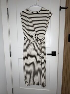 Miou Muse Cream and Black Striped Midi Dress with Knot Detail Small